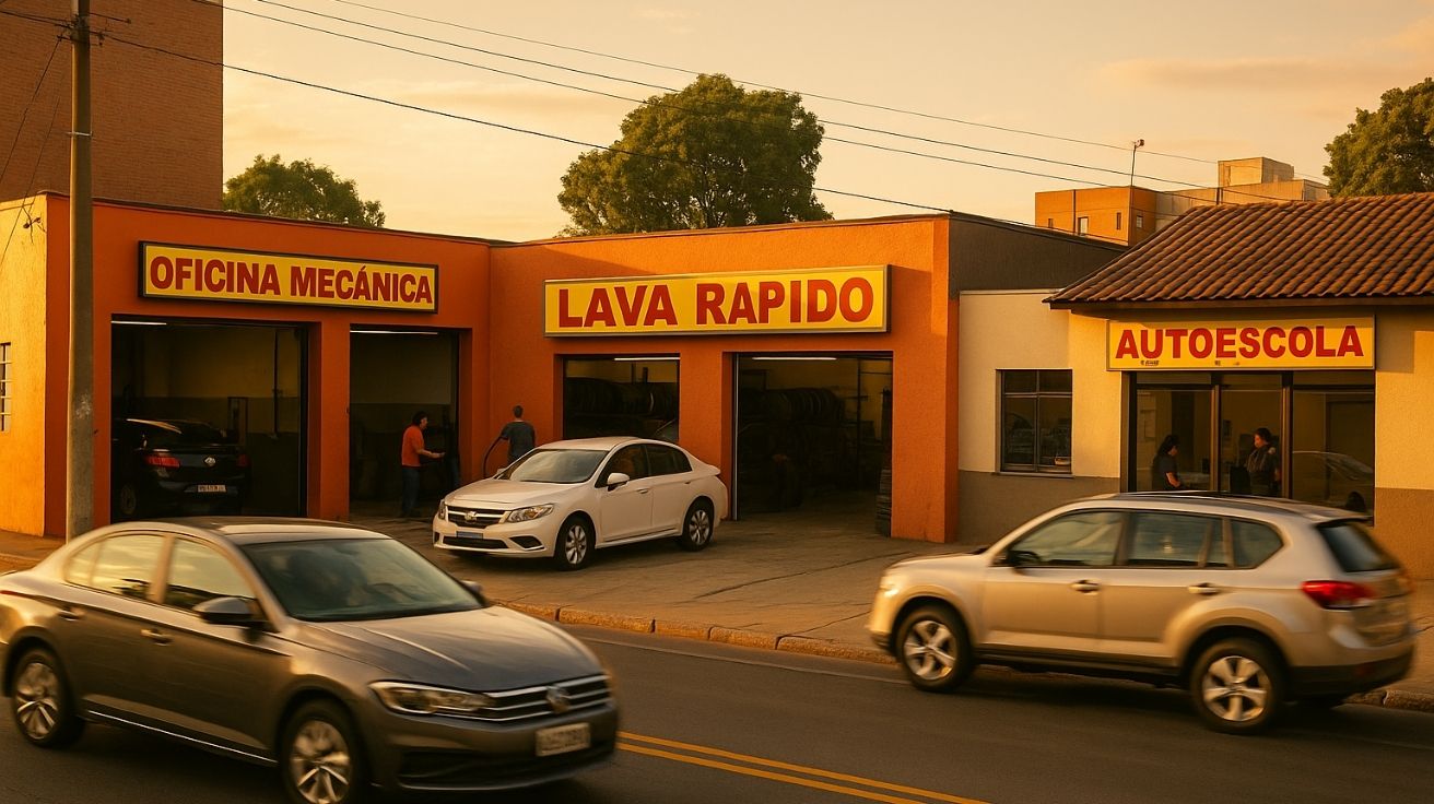 Rua com oficina mecânica, lava-rápido e autoescola atendendo clientes no ramo automotivo ao entardecer, com carros em movimento.