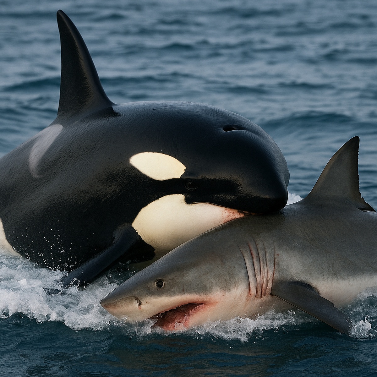 Orca veterana domina tubarão-branco na superfície do oceano, destacando o comportamento predatório raro registrado em documentário.