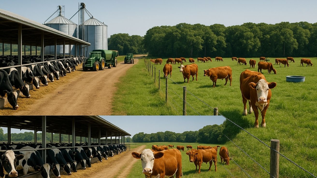 Fazenda brasileira dividida entre curral com gado leiteiro e pastagem com gado de corte, com floresta ao fundo e céu limpo