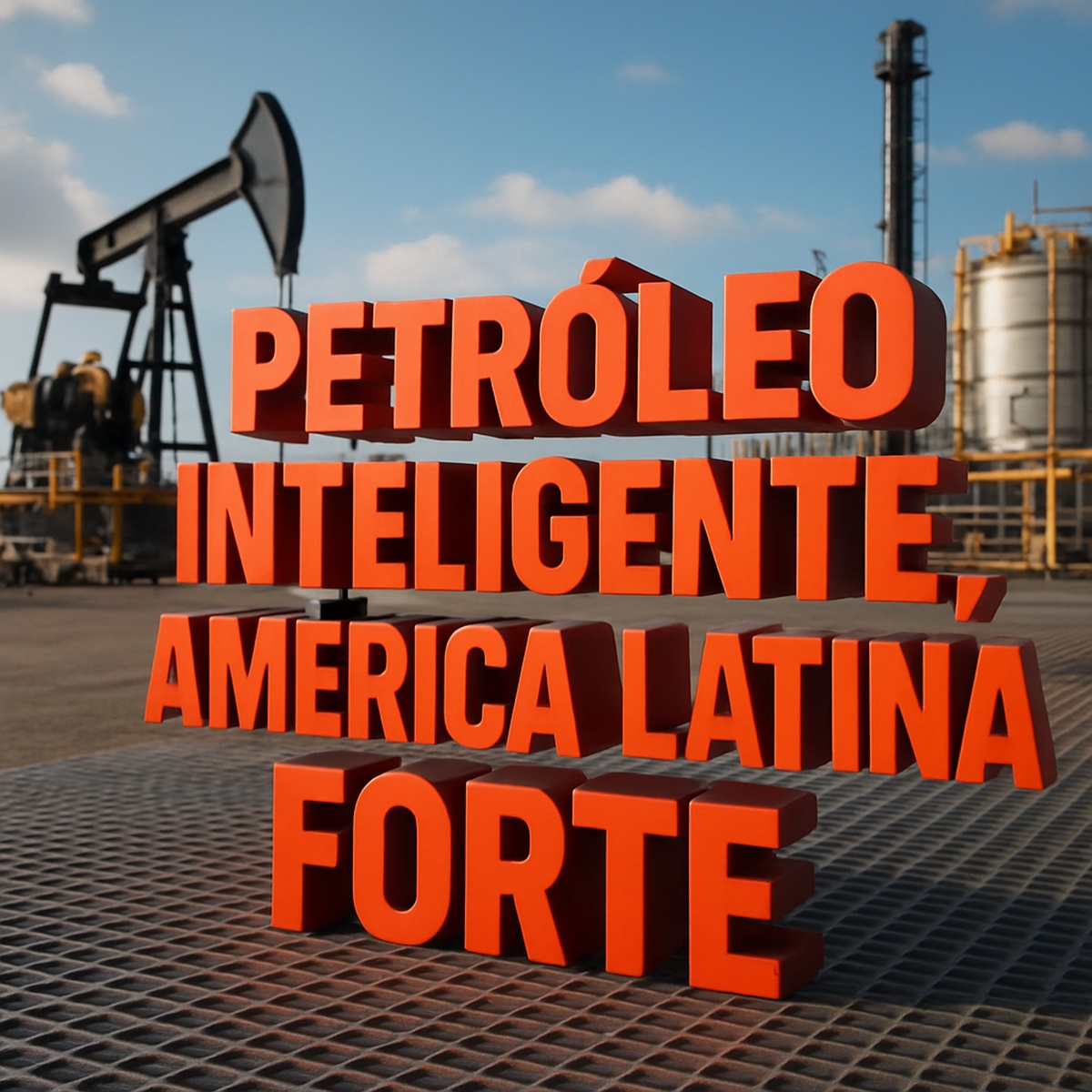 Plataforma de petróleo com frase em 3D “Petróleo inteligente, América Latina forte”, destacando automação e inovação no setor de energia.