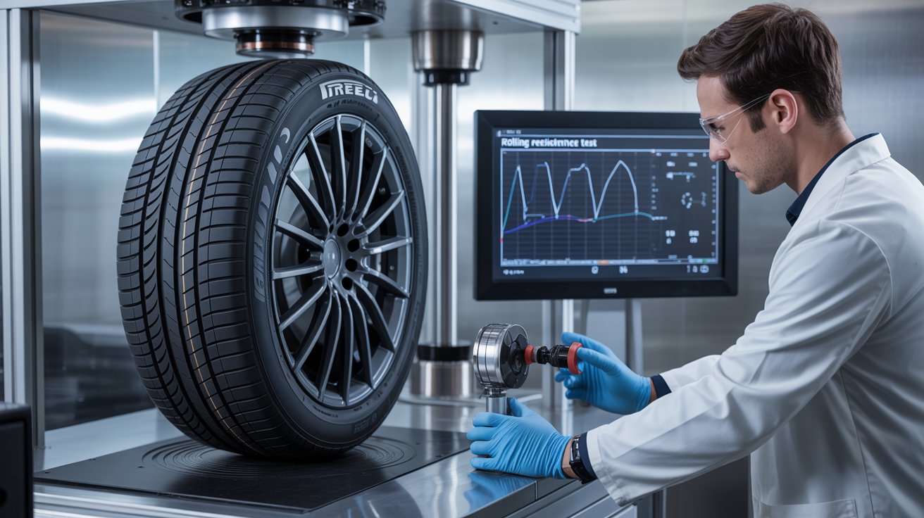 Engenheiro testa pneu premium em laboratório com sensores e gráficos de performance ao fundo.