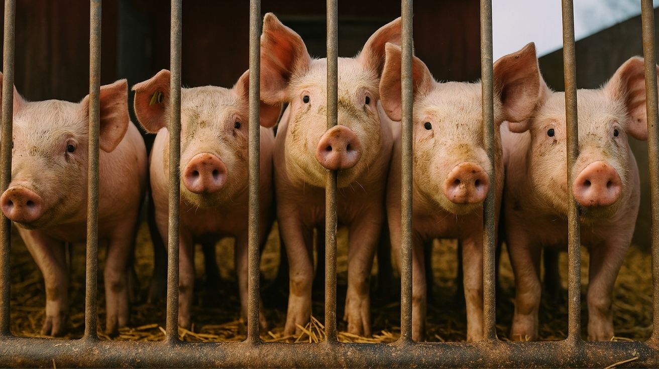 Seis porcos jovens em confinamento dentro de uma fazenda de porcos, atrás de grades de metal em piso de palha.