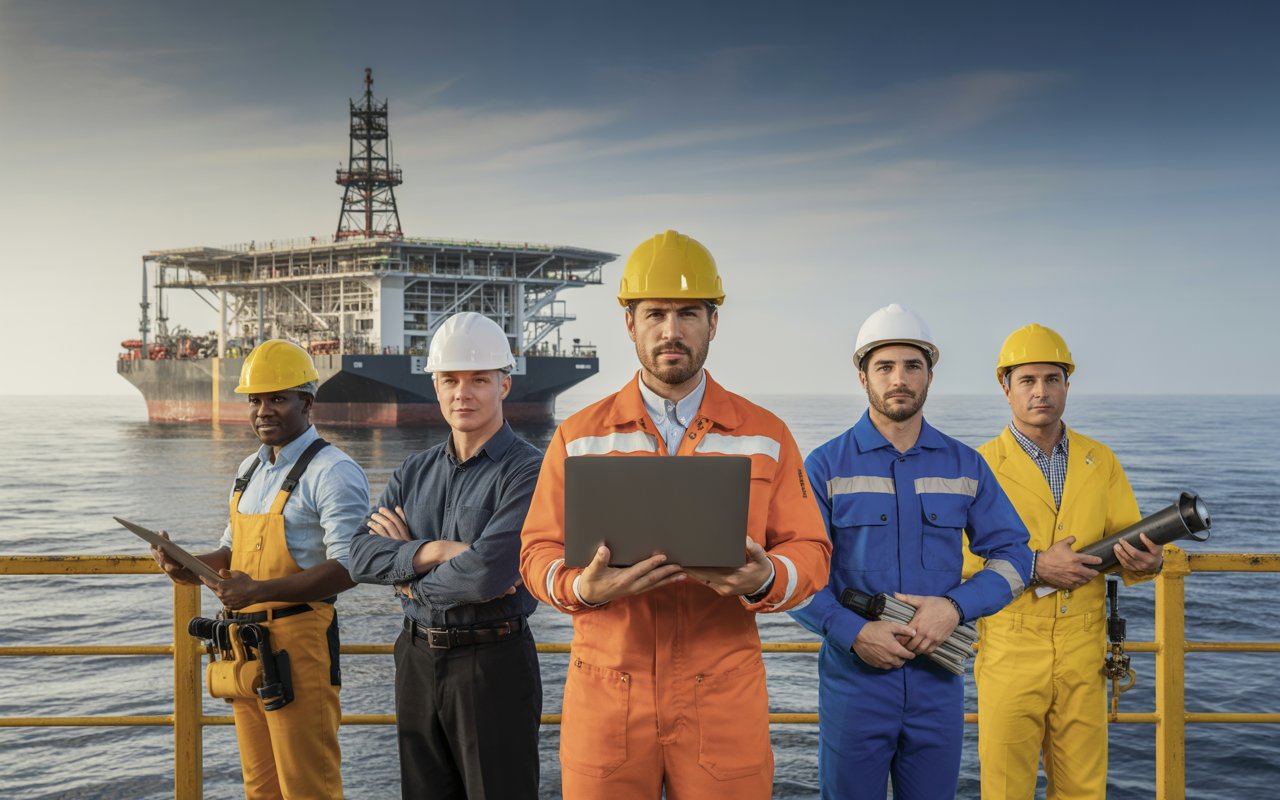 Profissionais de engenharia e técnicos reunidos em ambiente industrial com plataforma offshore ao fundo, ilustrando o mercado de trabalho no Rio de Janeiro.