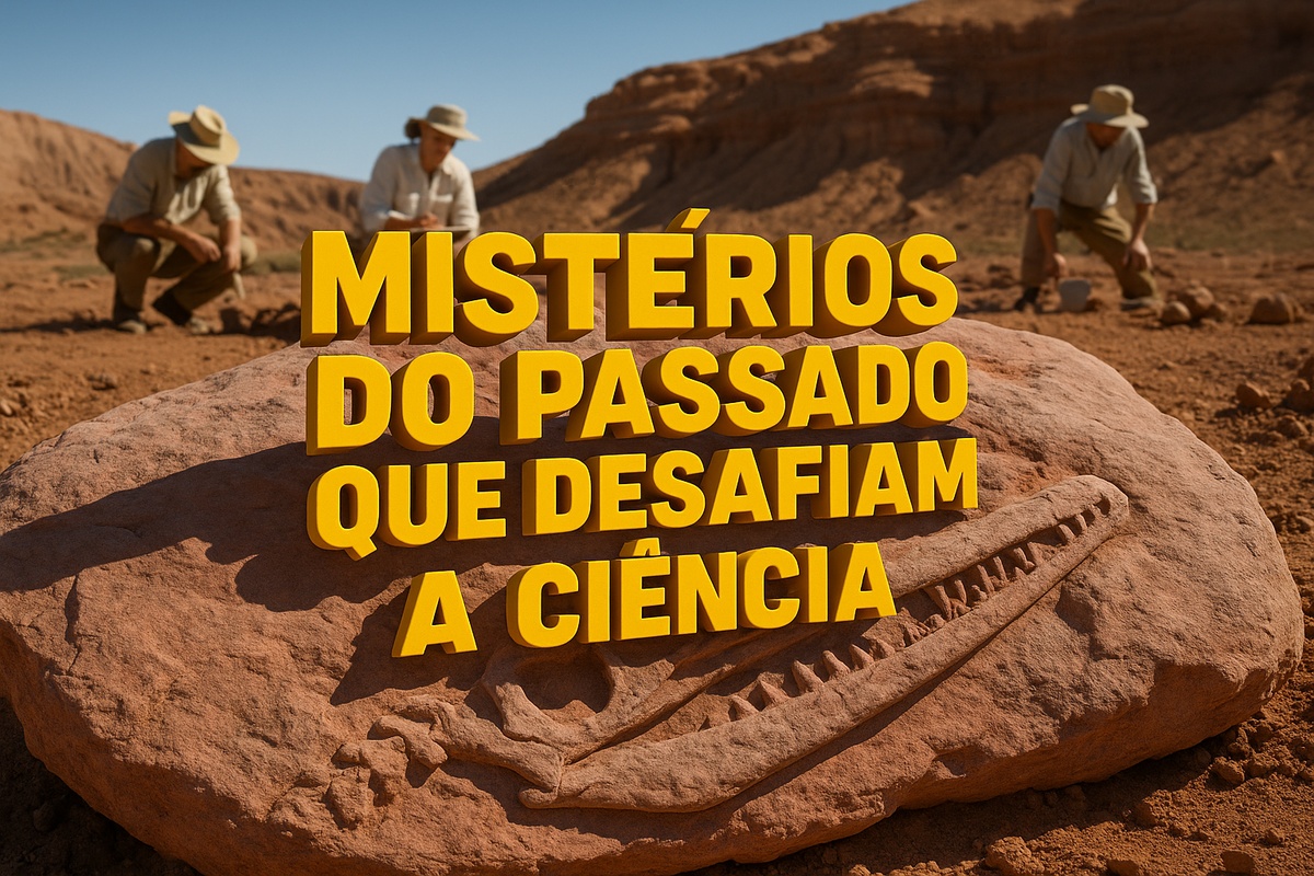 Fóssil de réptil voador em rocha no deserto do Arizona com cientistas ao fundo e frase em destaque.