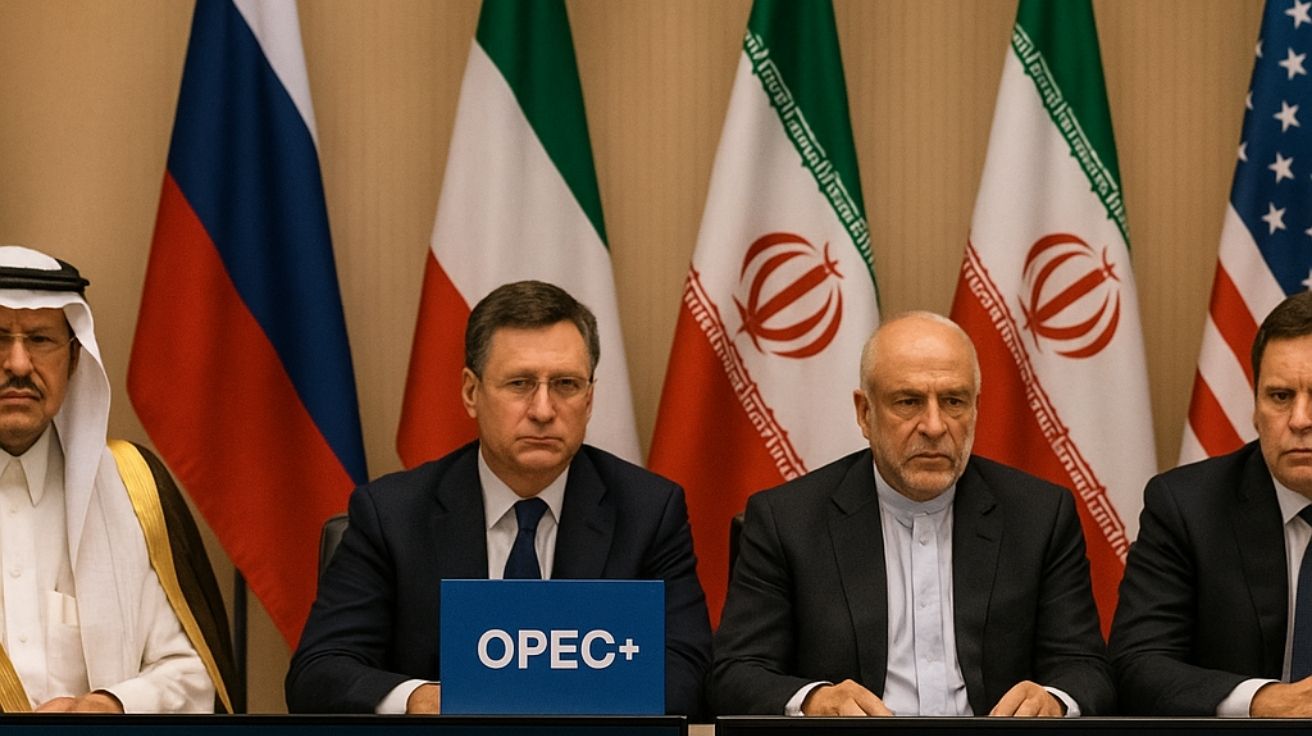 Reunião da OPEP+ com gráficos de queda no preço do petróleo e painel indicando aumento da produção global