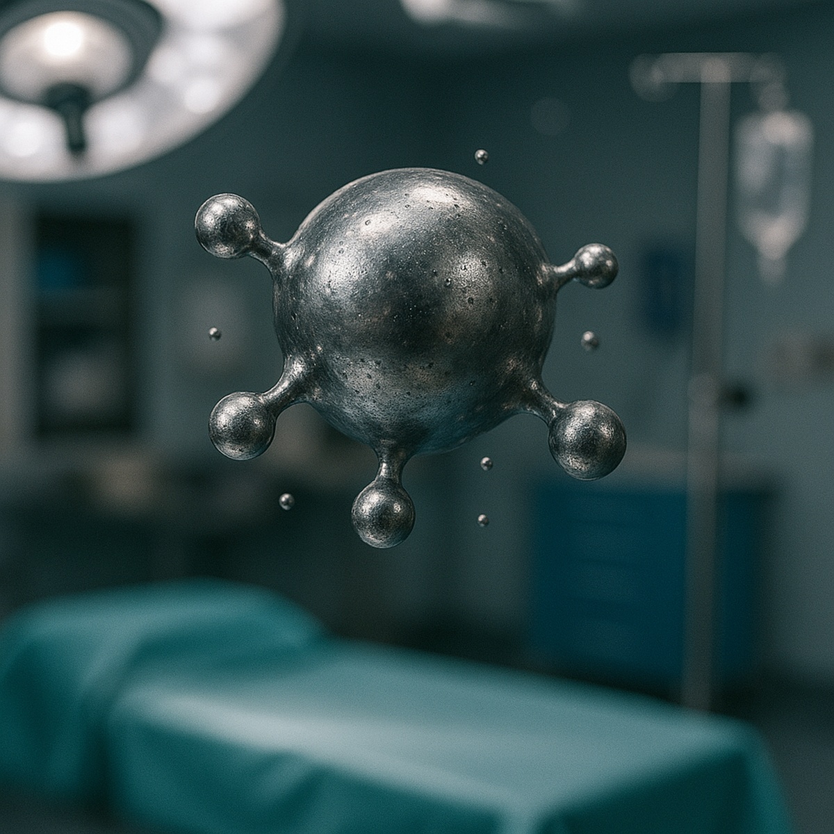 Robô líquido microscópico em forma de molécula metálica flutuando em centro cirúrgico realista