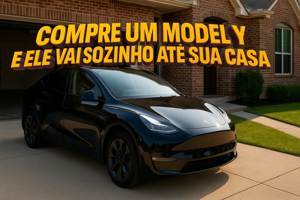 Tesla Model Y preto estacionado sozinho em frente a uma casa moderna, simbolizando entrega autônoma com frase em 3D em português