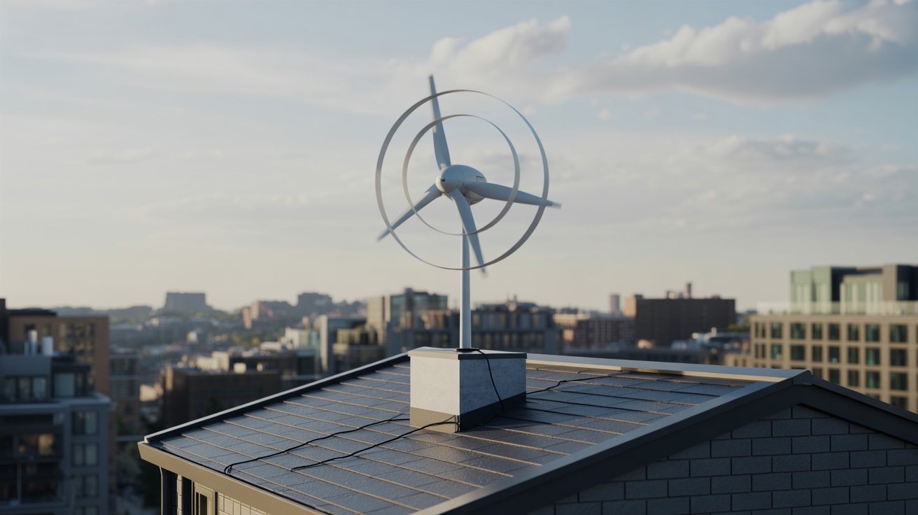 Turbina eólica silenciosa instalada em telhado residencial, projetada para gerar energia limpa em cidades.