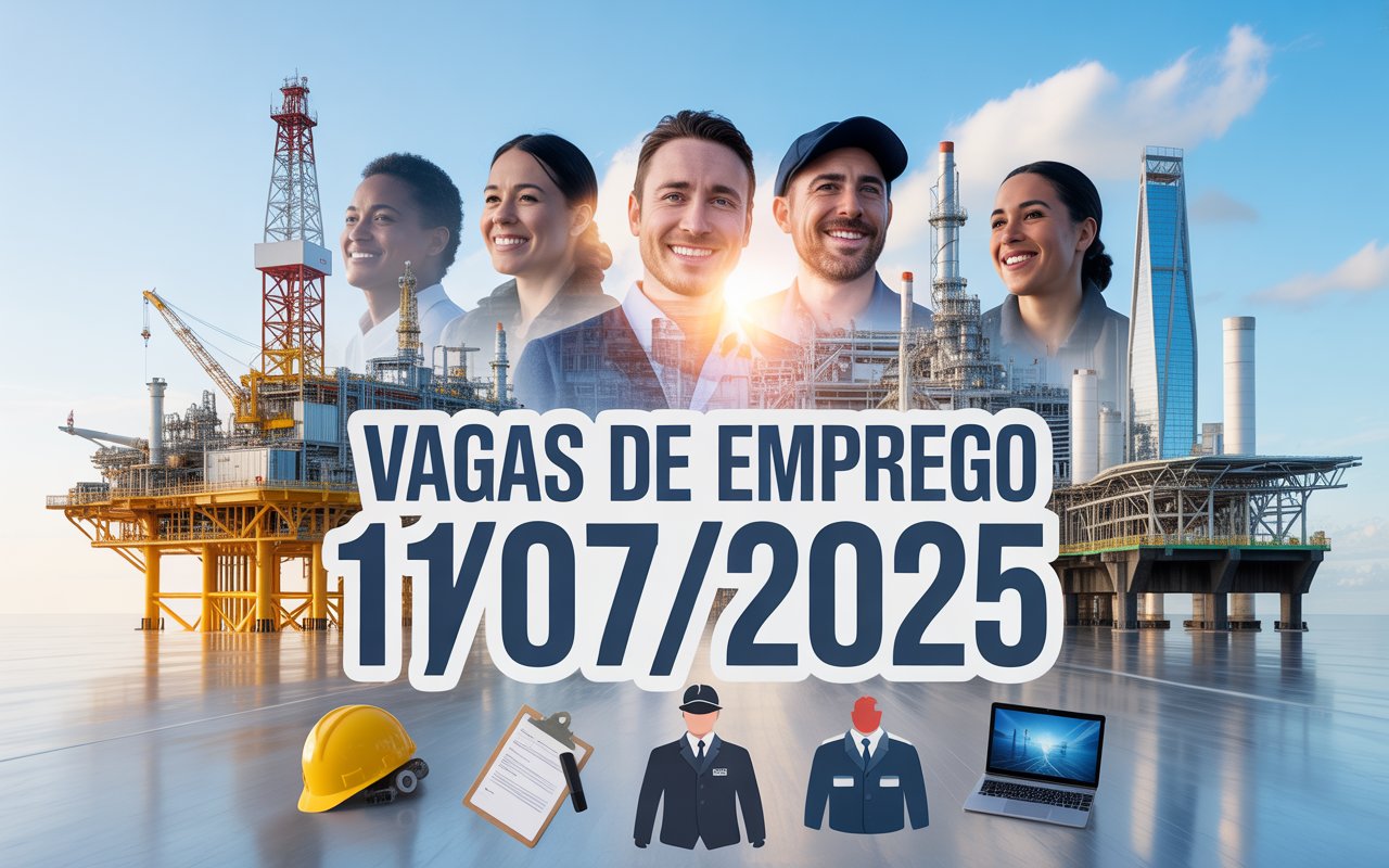 Banner ilustrando diversas oportunidades de emprego abertas em 11 de julho de 2025 em áreas industriais, offshore, marítimas e administrativas no Brasil