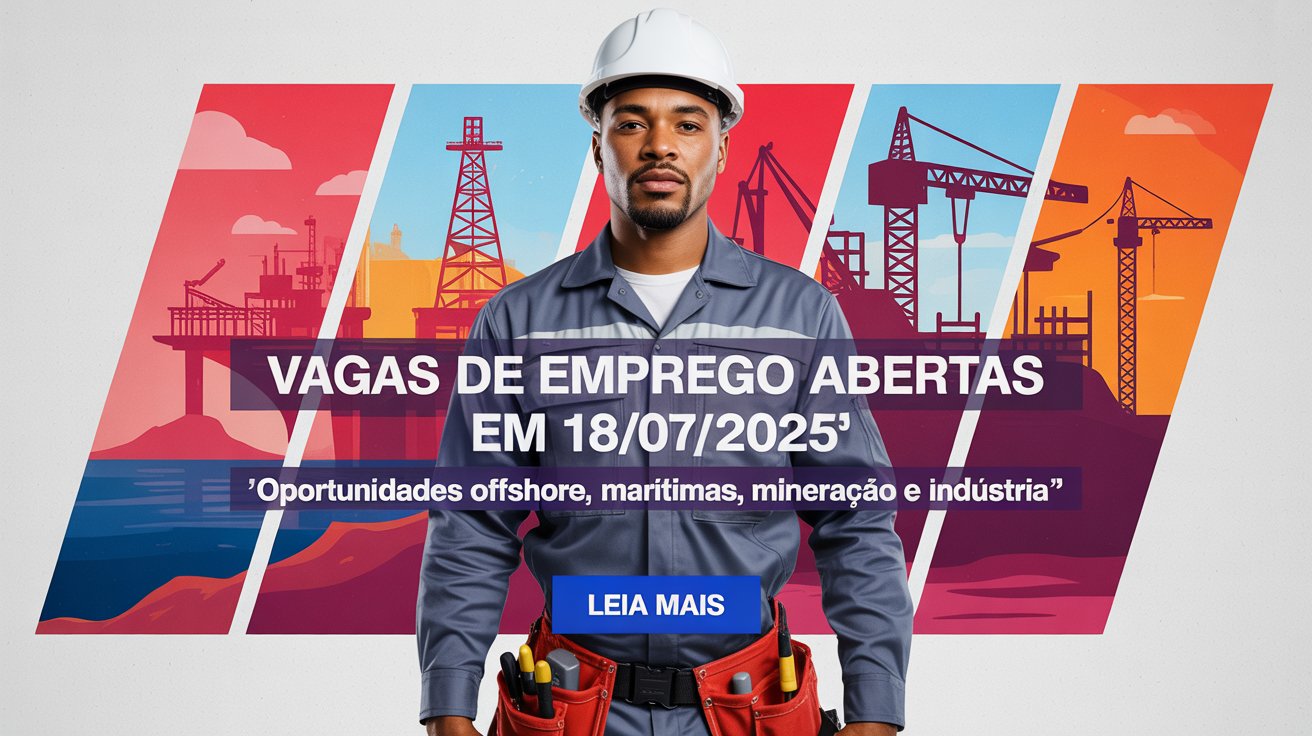 Trabalhador com uniforme cinza e capacete branco, ao fundo ilustrações de plataformas offshore, navios marítimos, construções e mineração, anúncio de vagas de emprego abertas em 18/07/2025.