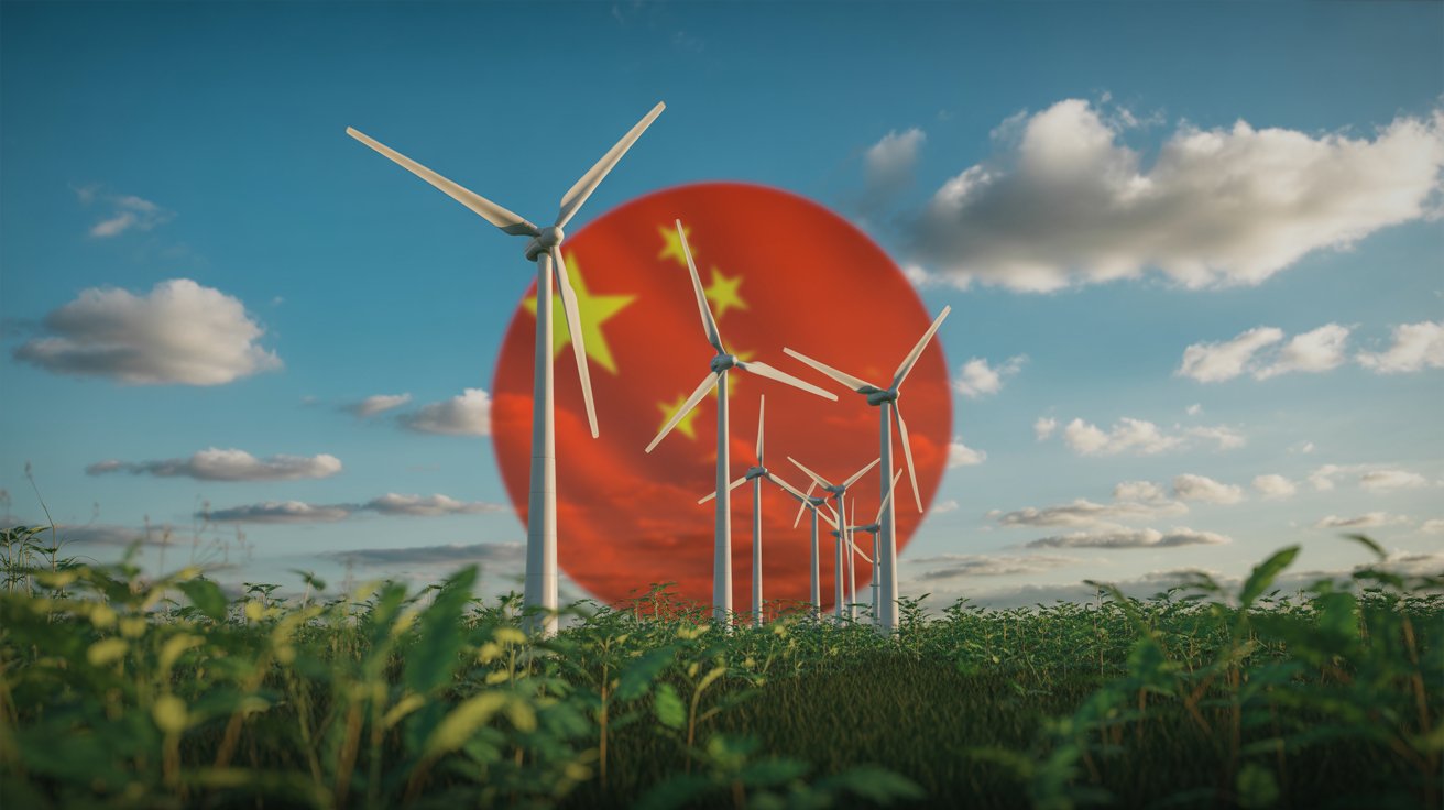Escritório da Windey Energy na Bahia com bandeiras do Brasil e China, representando parceria em energia renovável.