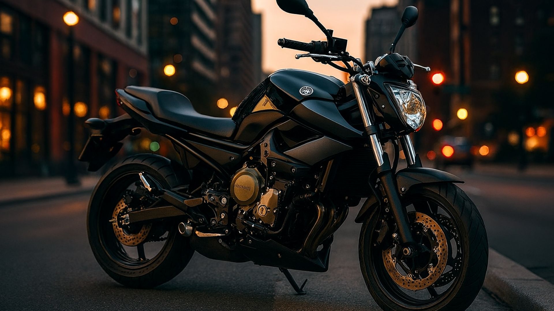 Moto Yamaha XJ6 N preta estacionada em rua urbana ao entardecer, com design naked e destaque para o motor de quatro cilindros
