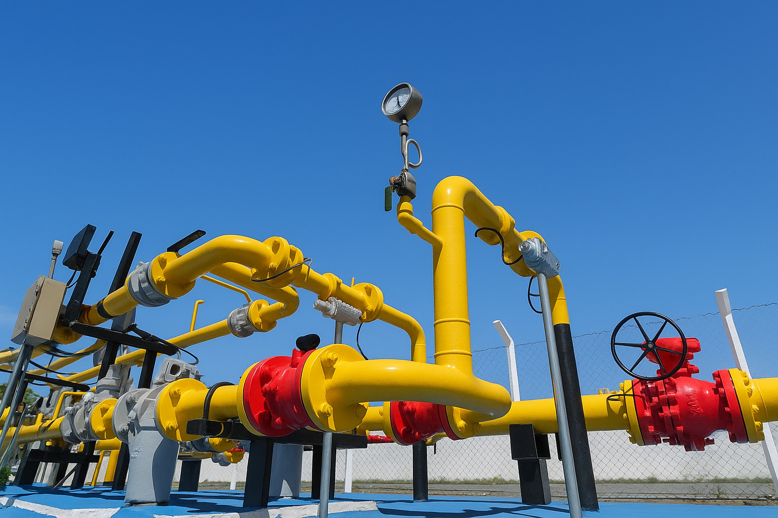 Estrutura de tubulações de gás natural com válvulas e conexões, sob céu limpo e ensolarado.