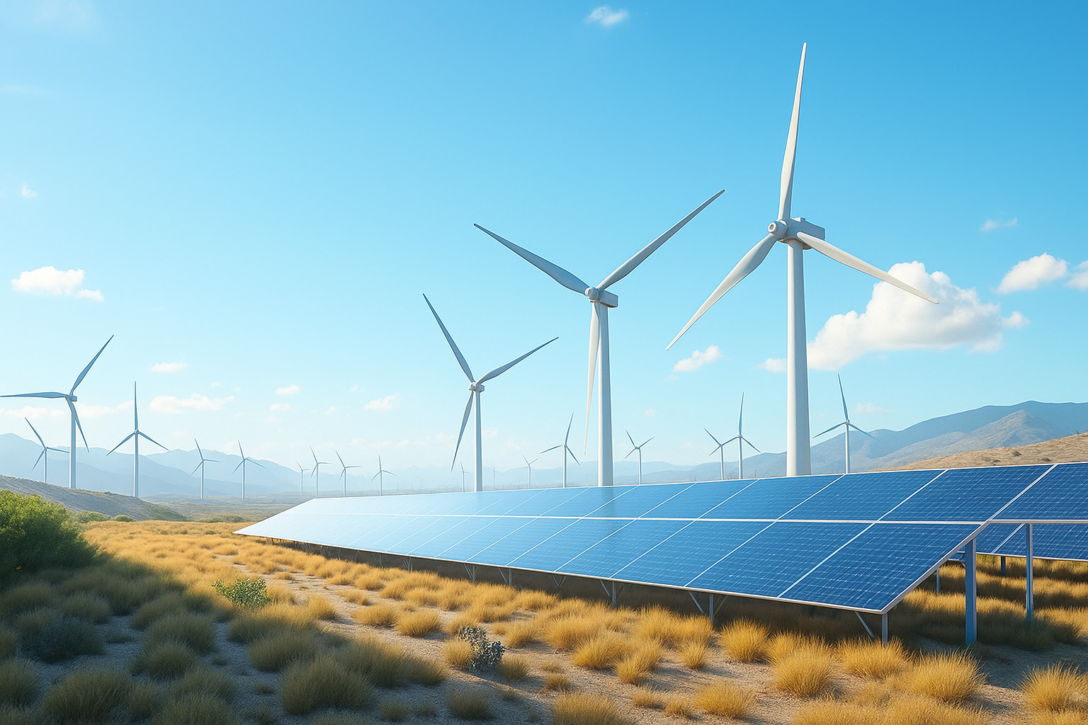 Parque de energia renovável com painéis solares e turbinas eólicas em área desértica sob céu azul.