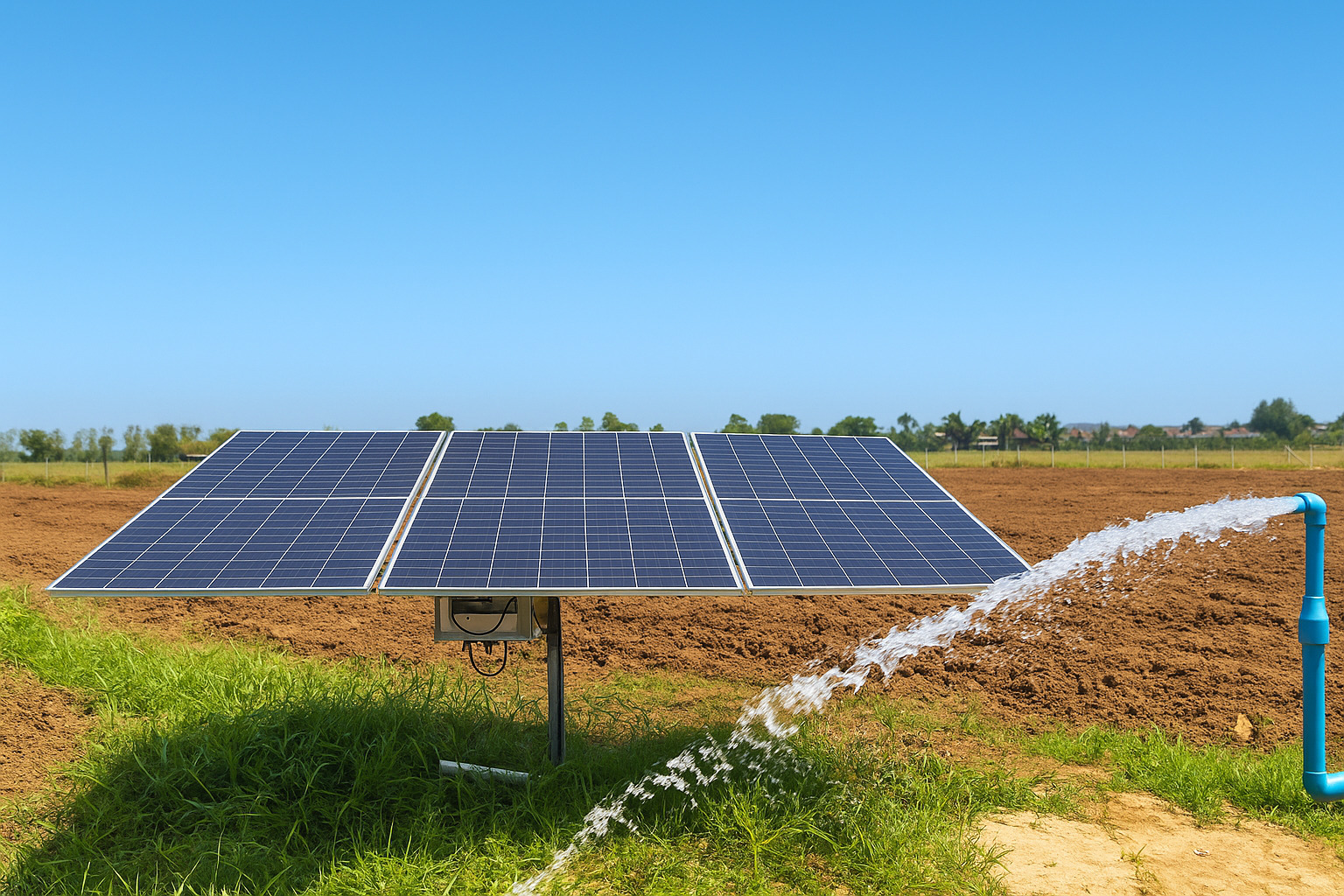 Painel solar em área rural com sistema de irrigação ativo sob céu limpo.