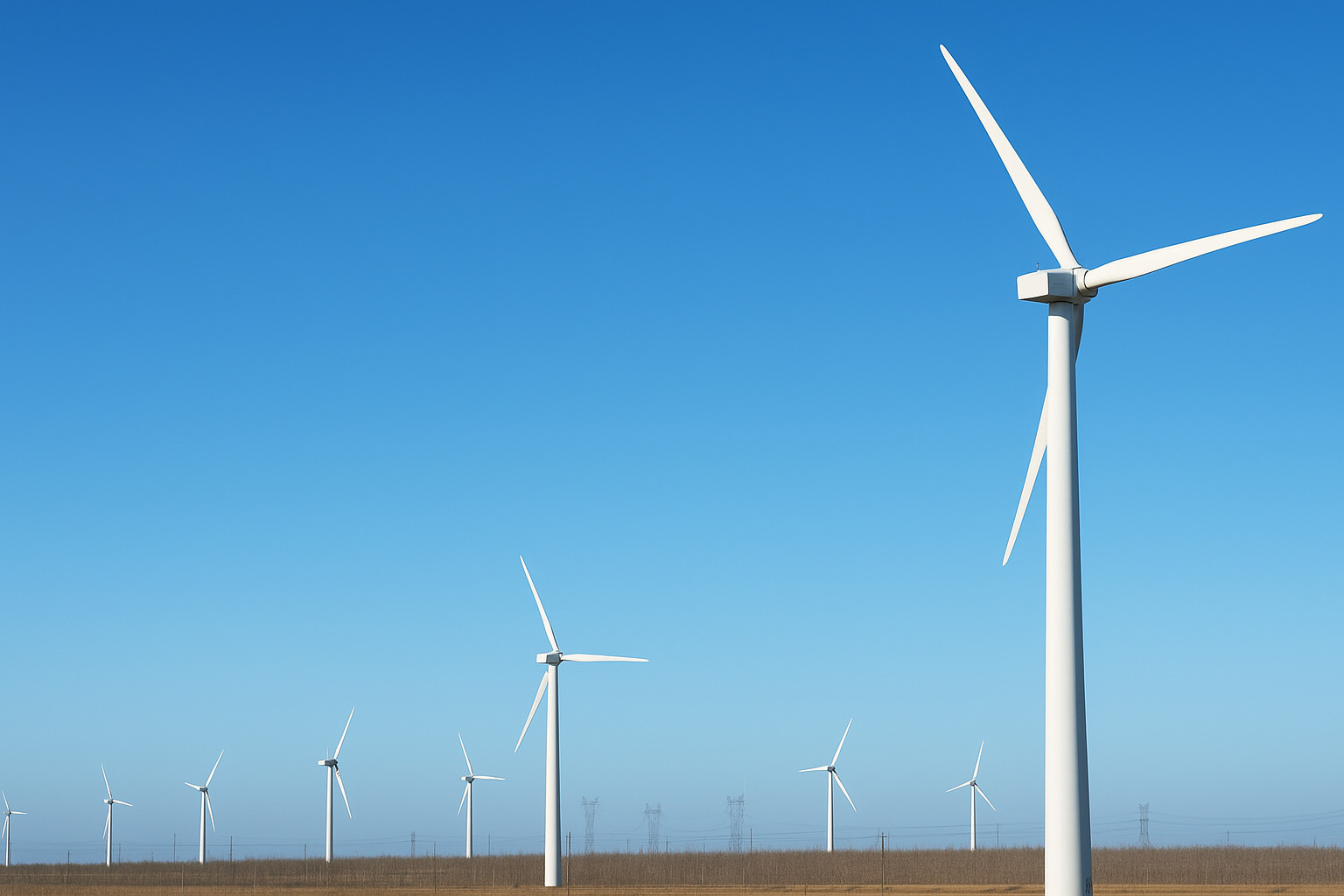 Parque eólico sob céu azul claro ao meio-dia, com turbinas alinhadas no horizonte.