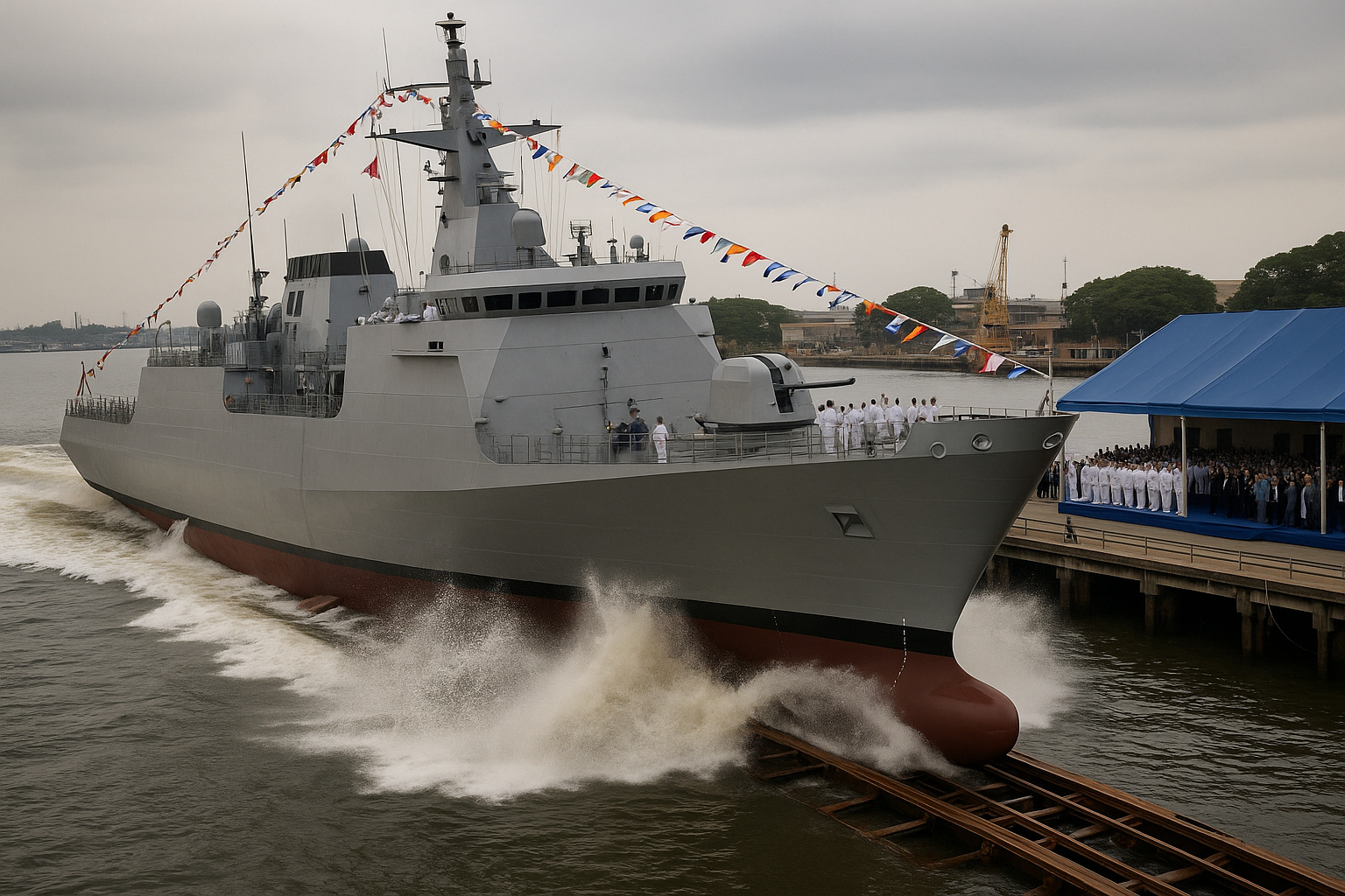Fragata da Marinha do Brasil sendo lançada ao mar durante cerimônia do Programa Fragatas Classe Tamandaré