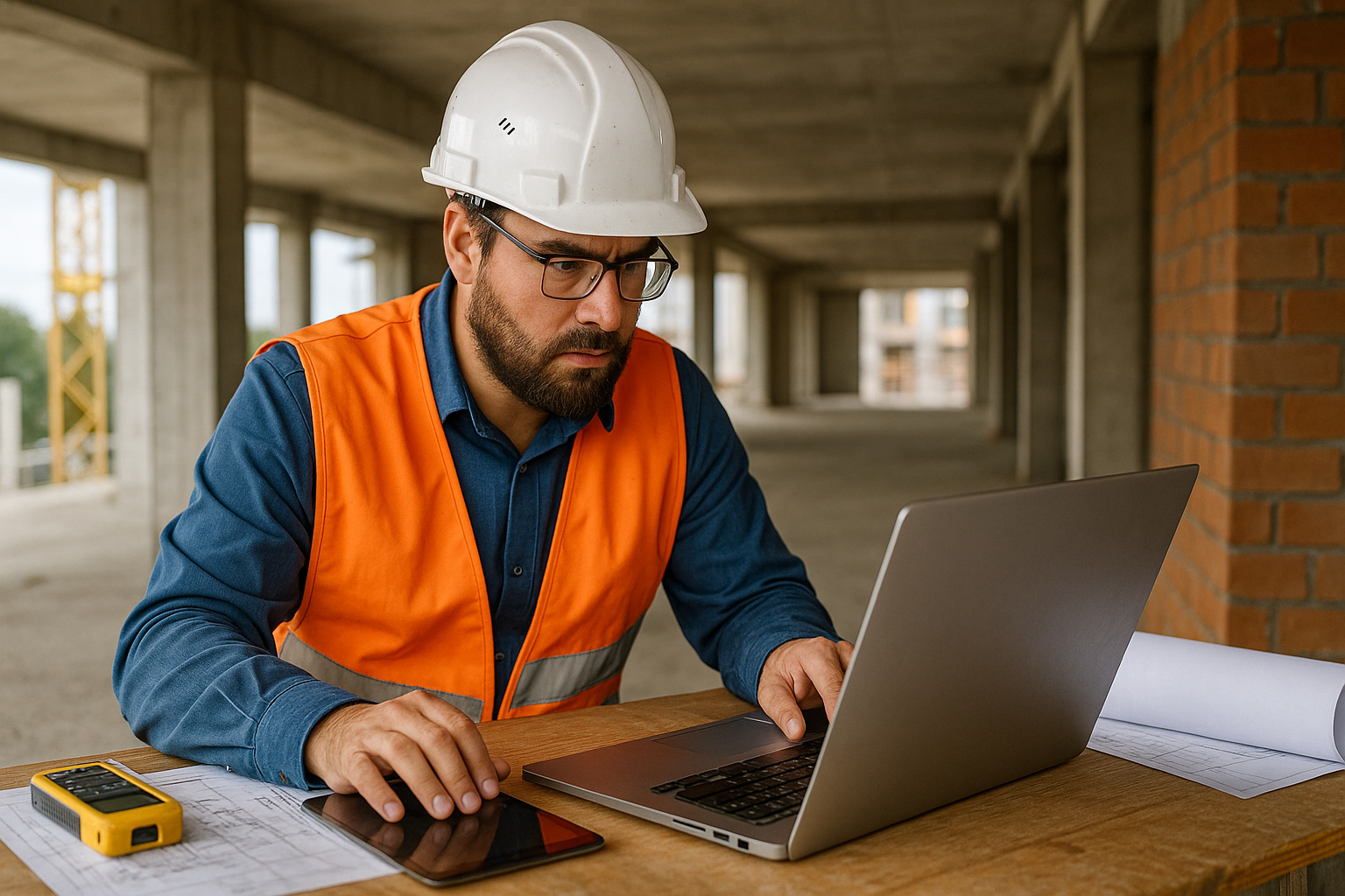 Engenheiro em canteiro de obras utilizando laptop e tablet para gestão moderna da construção civil