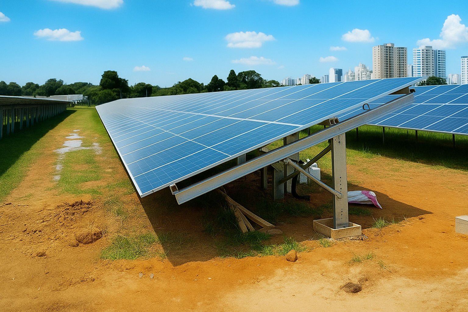 Painéis solares instalados em campo aberto com céu parcialmente nublado ao meio-dia e prédios ao fundo.