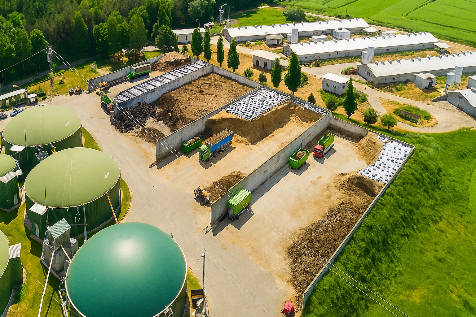 Vista aérea aproximada de uma usina de biogás com tanques verdes e áreas de armazenamento de resíduos orgânicos.