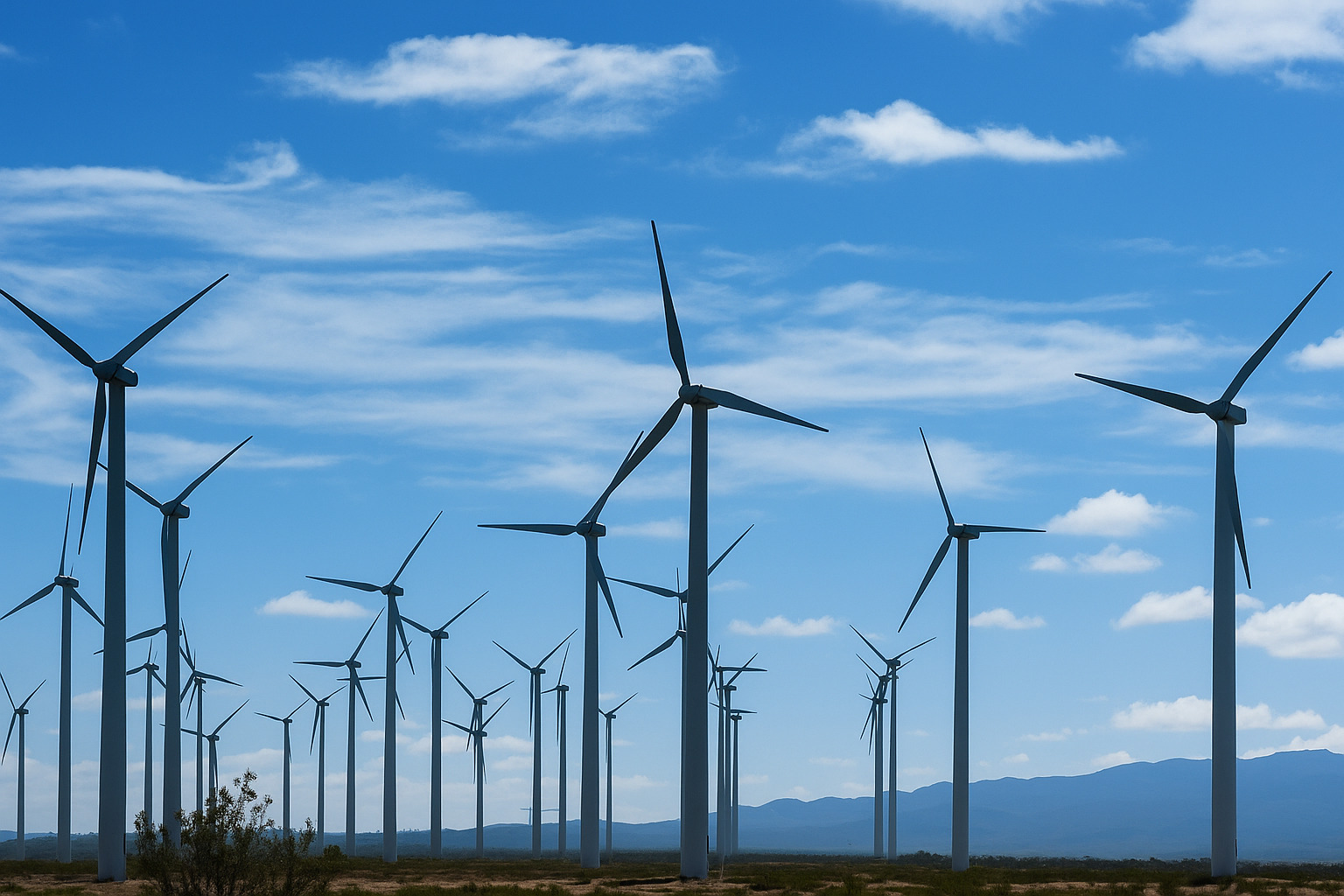 Parque eólico com turbinas de vento em funcionamento sob um céu parcialmente nublado ao meio-dia.