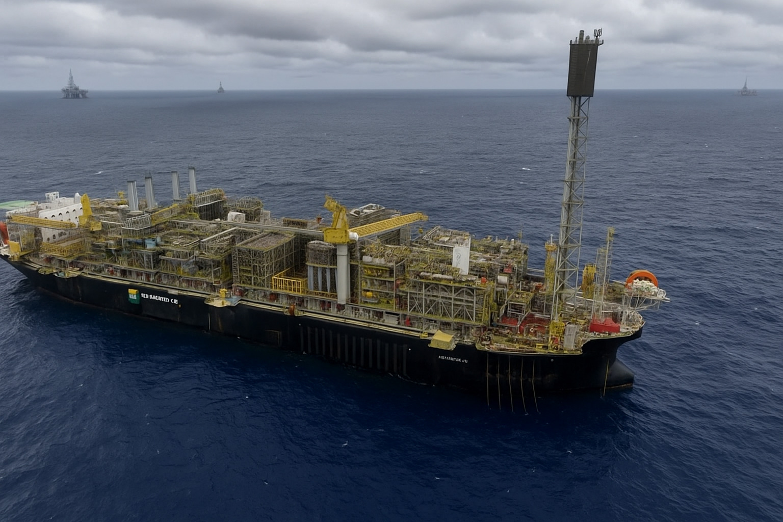 Plataforma FPSO da Petrobras em operação no mar em um dia nublado com poucas nuvens.