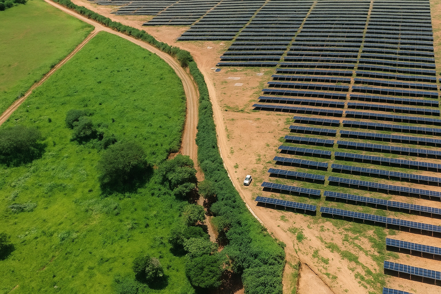 Vista aérea próxima de uma usina solar em área rural, com fileiras organizadas de painéis fotovoltaicos.