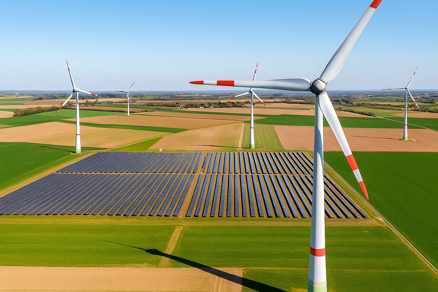 Vista aérea de parque eólico e solar integrado em área rural, com turbinas eólicas e painéis solares.