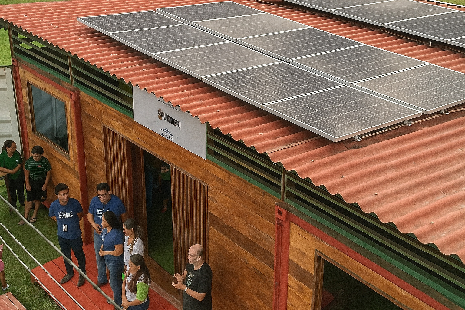 Placas solares instaladas no telhado de um prédio comunitário de madeira com pessoas reunidas em frente.