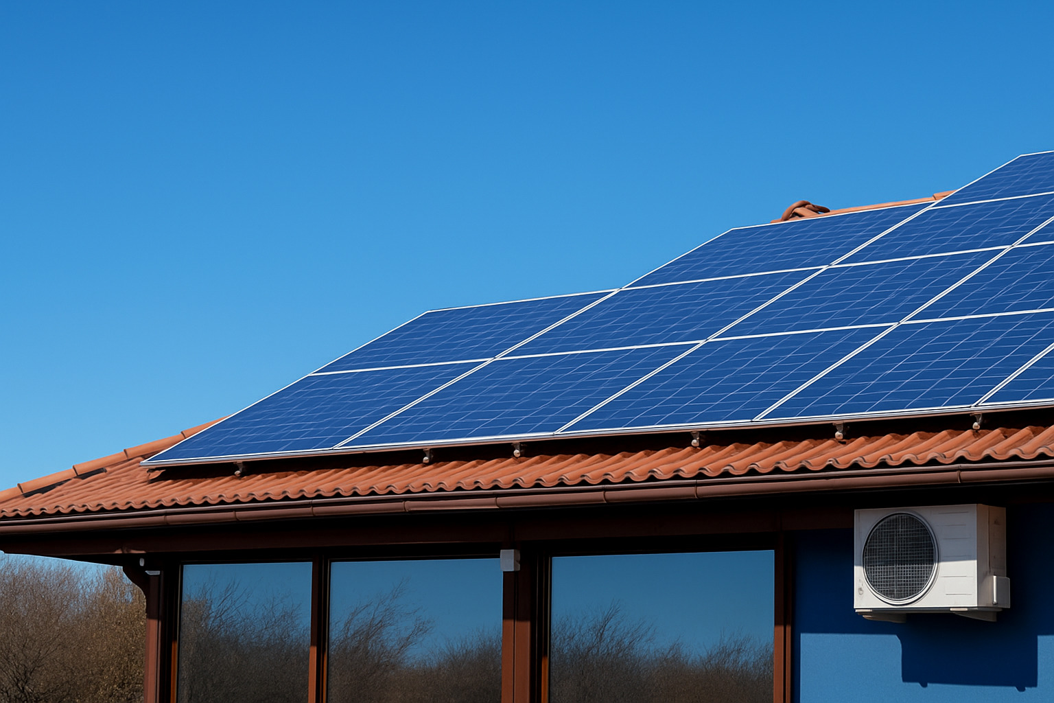 Painéis solares instalados no telhado de uma casa com céu limpo e azul ao fundo.