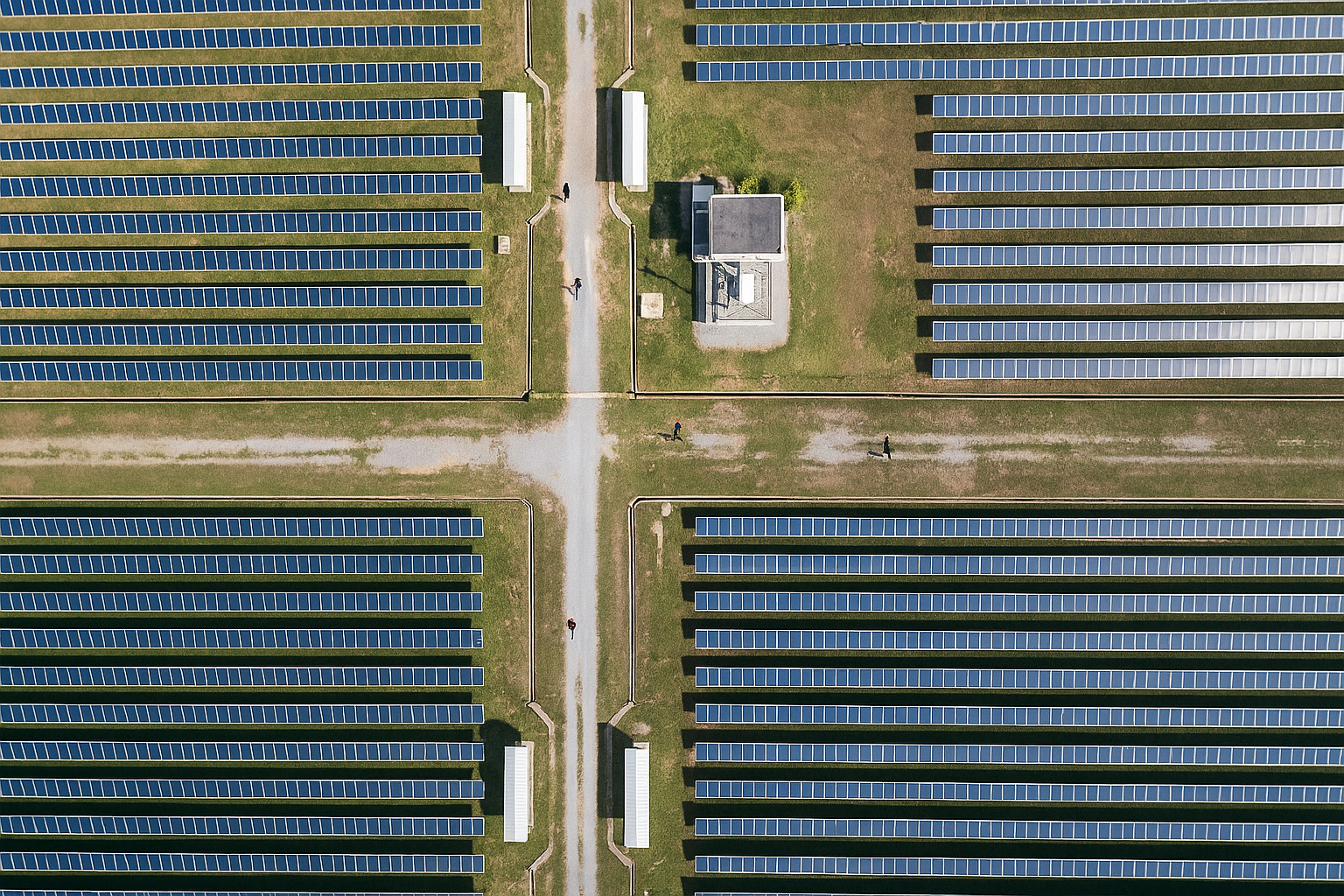 Vista aérea de uma usina solar com alguns profissionais caminhando entre as fileiras de painéis fotovoltaicos.
