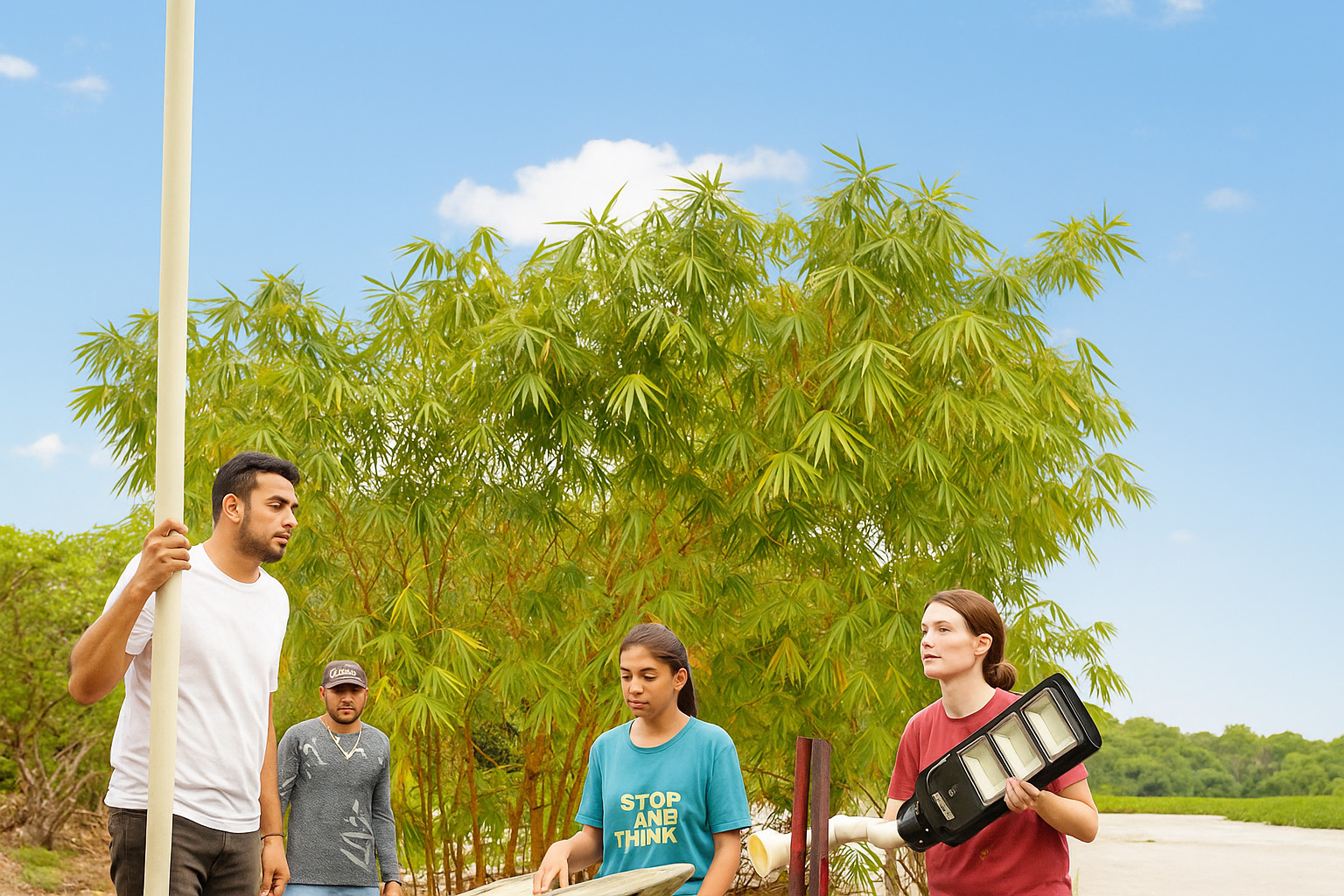 Grupo de estudantes instala equipamento de energia solar em área ribeirinha, com vegetação ao fundo e céu parcialmente visível.