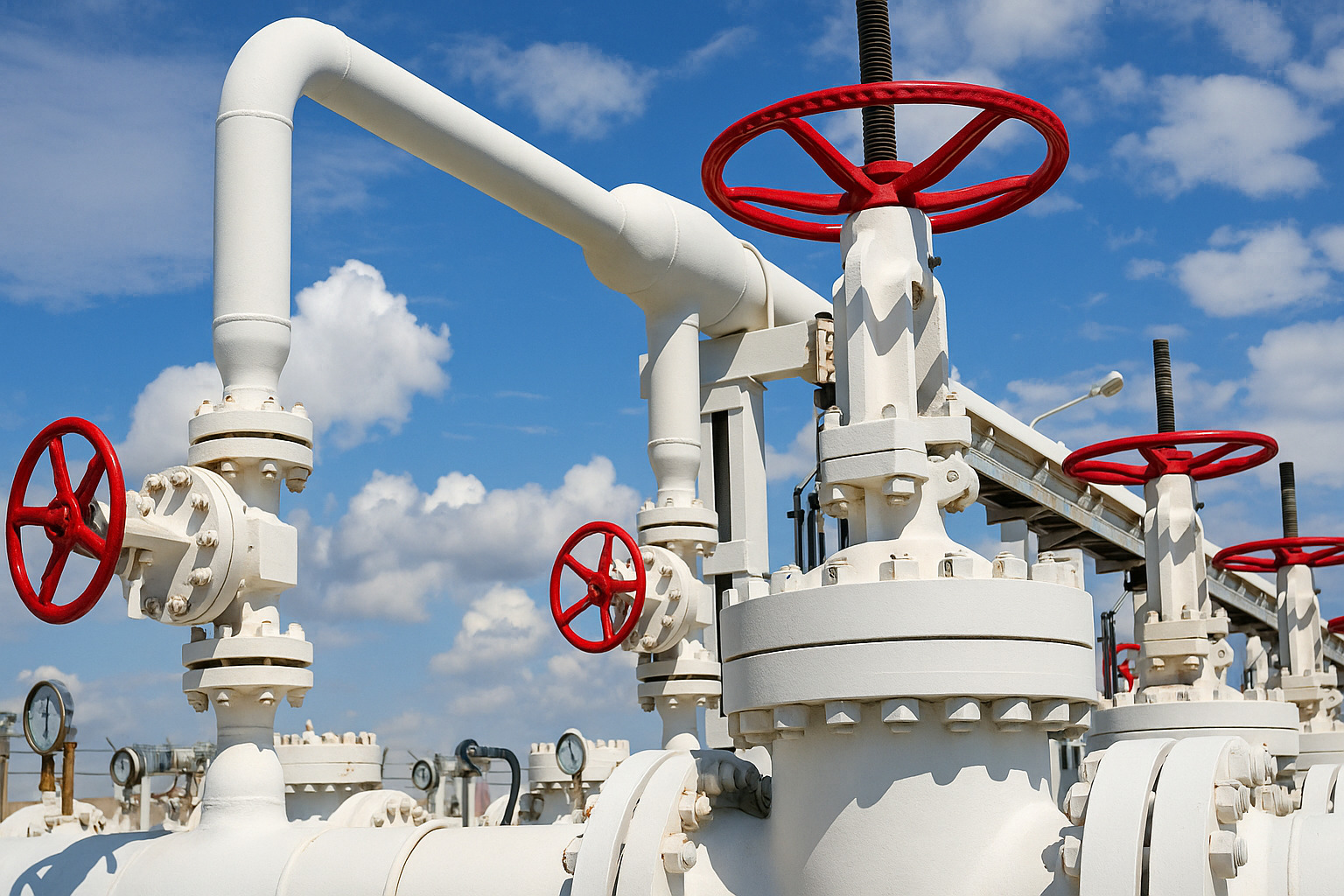 Estrutura industrial com tubulações brancas e válvulas vermelhas sob um céu azul com nuvens.