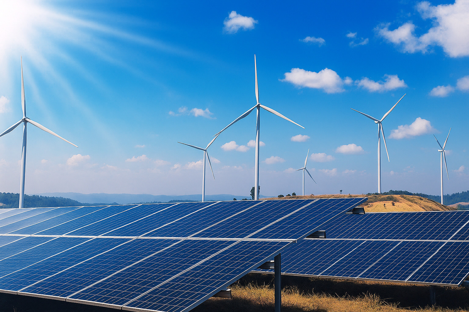 Painel solar e turbinas eólicas em campo aberto com céu azul parcialmente nublado.