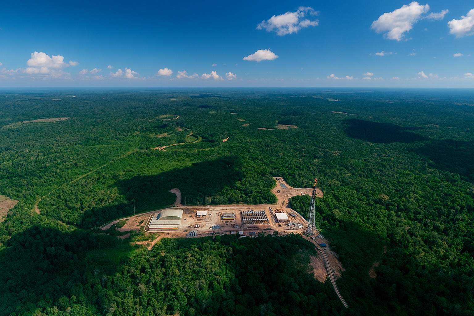 Vista aérea de uma área de exploração industrial cercada por floresta amazônica, com céu azul e algumas nuvens.
