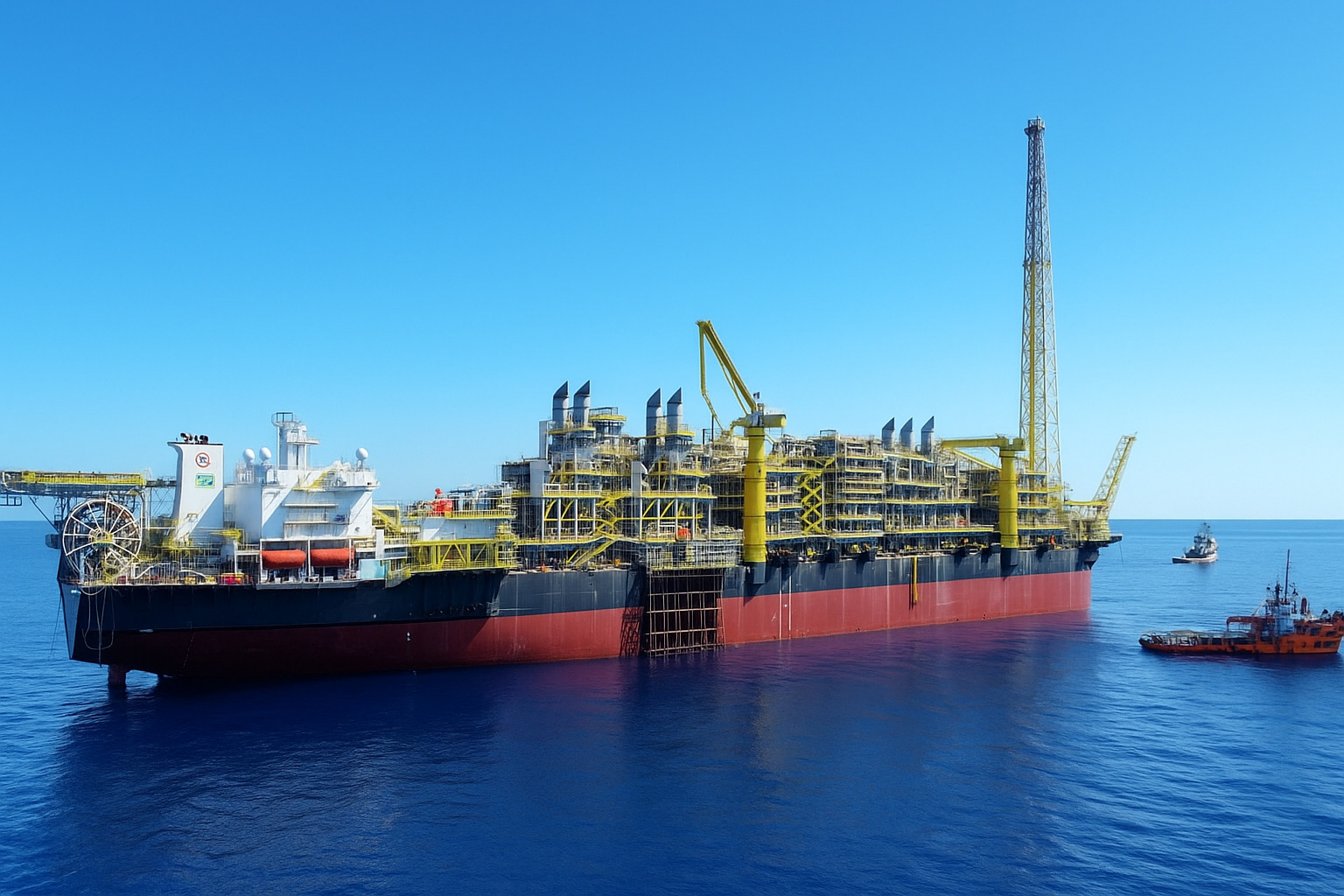 Navio plataforma FPSO da Petrobras no oceano com céu limpo e azul.