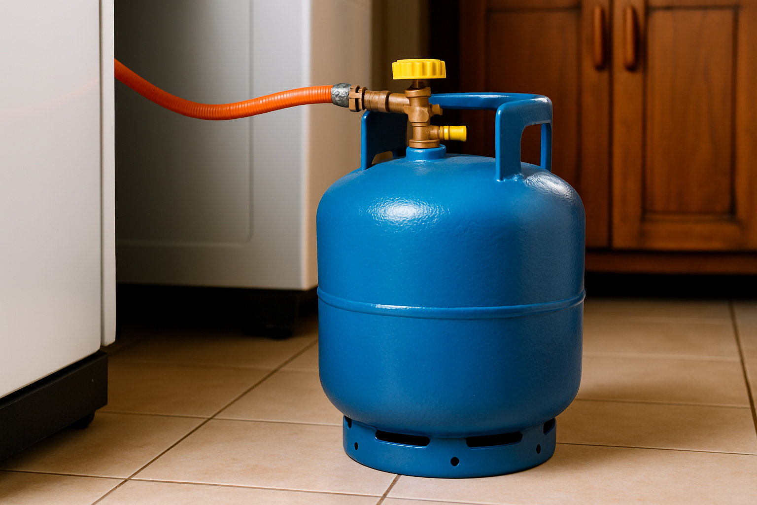 Botijão de gás azul conectado em cozinha arejada, representando cuidados com segurança no uso do GLP doméstico.