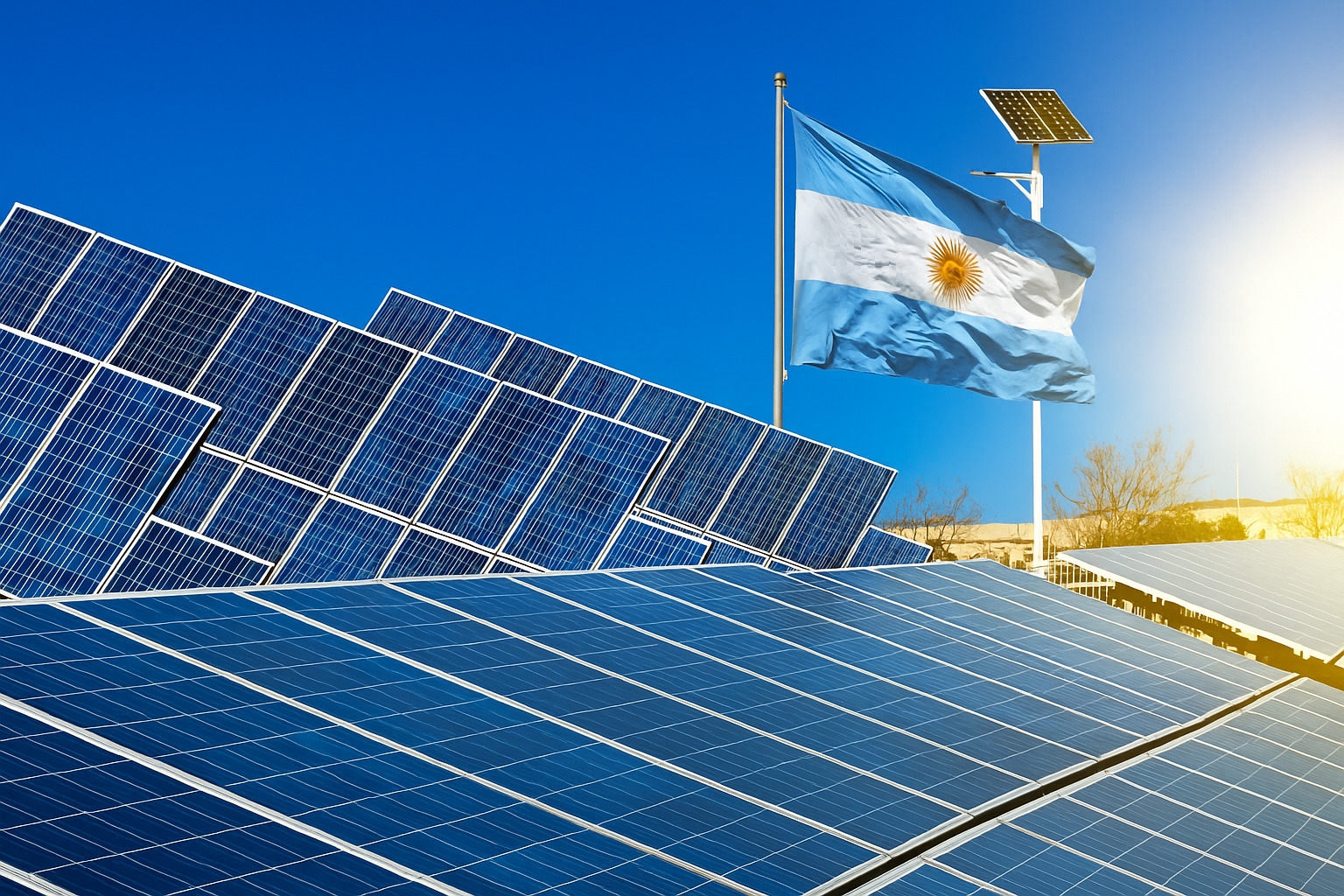 Painéis solares e poste com bandeira da Argentina sob céu limpo e ensolarado.