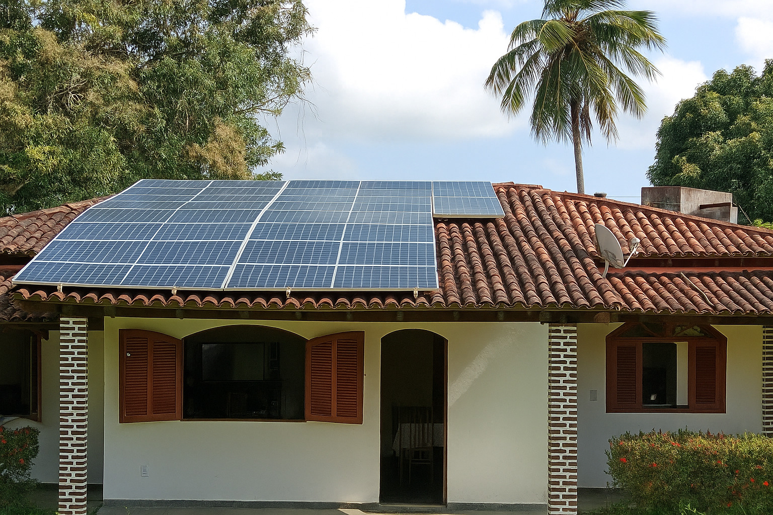 Casa com telhado de telhas cerâmicas equipada com placas solares.