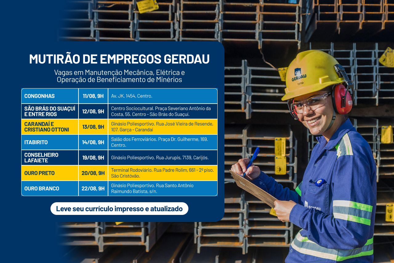 Gerdau promove mutirão de contratações imediatas de Manutenção Mecânica, Elétrica e Operação de Beneficiamento de Minérios para um de seus maiores projetos em Minas Gerais