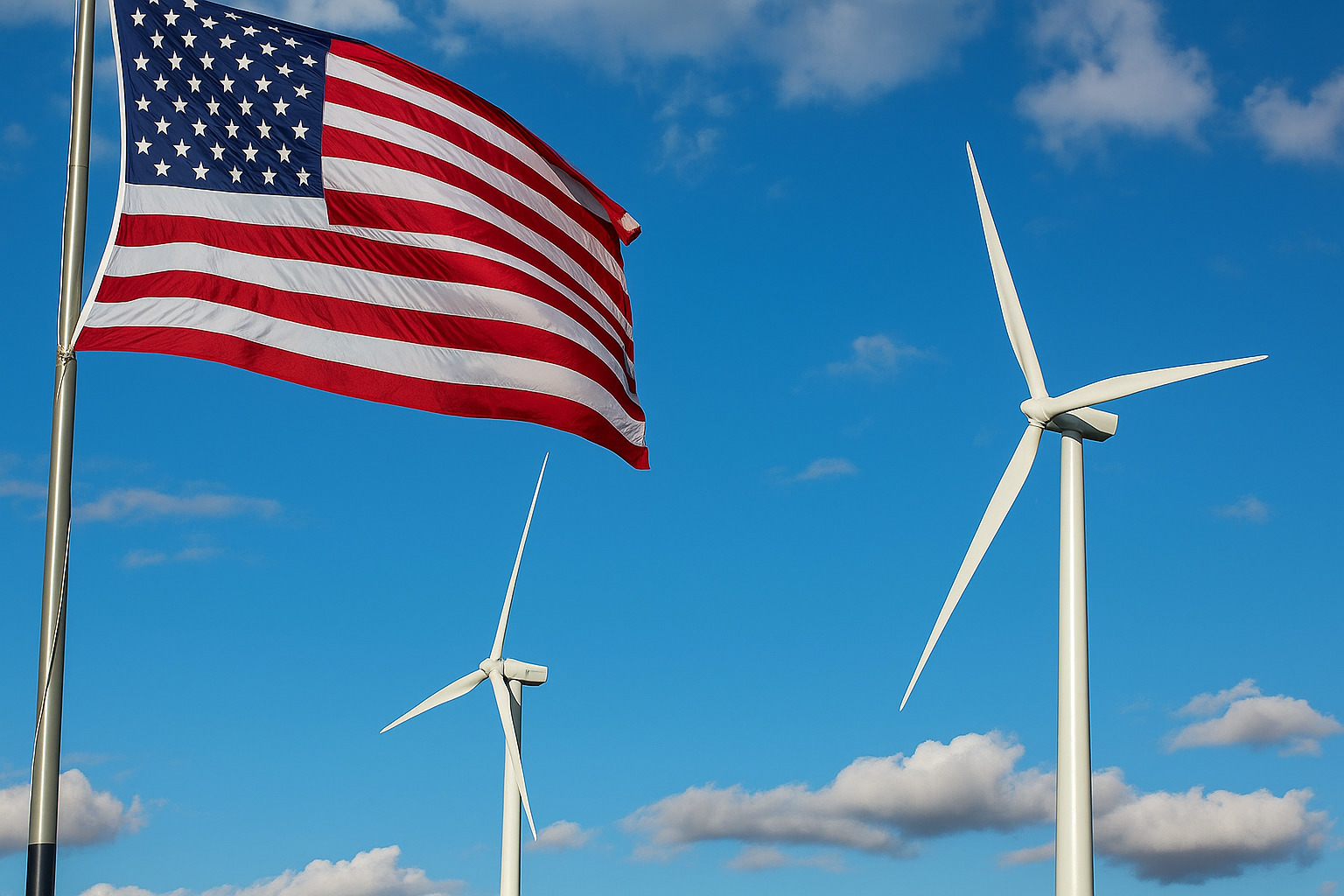Bandeira dos Estados Unidos ao vento com turbinas eólicas ao fundo sob um céu parcialmente nublado.