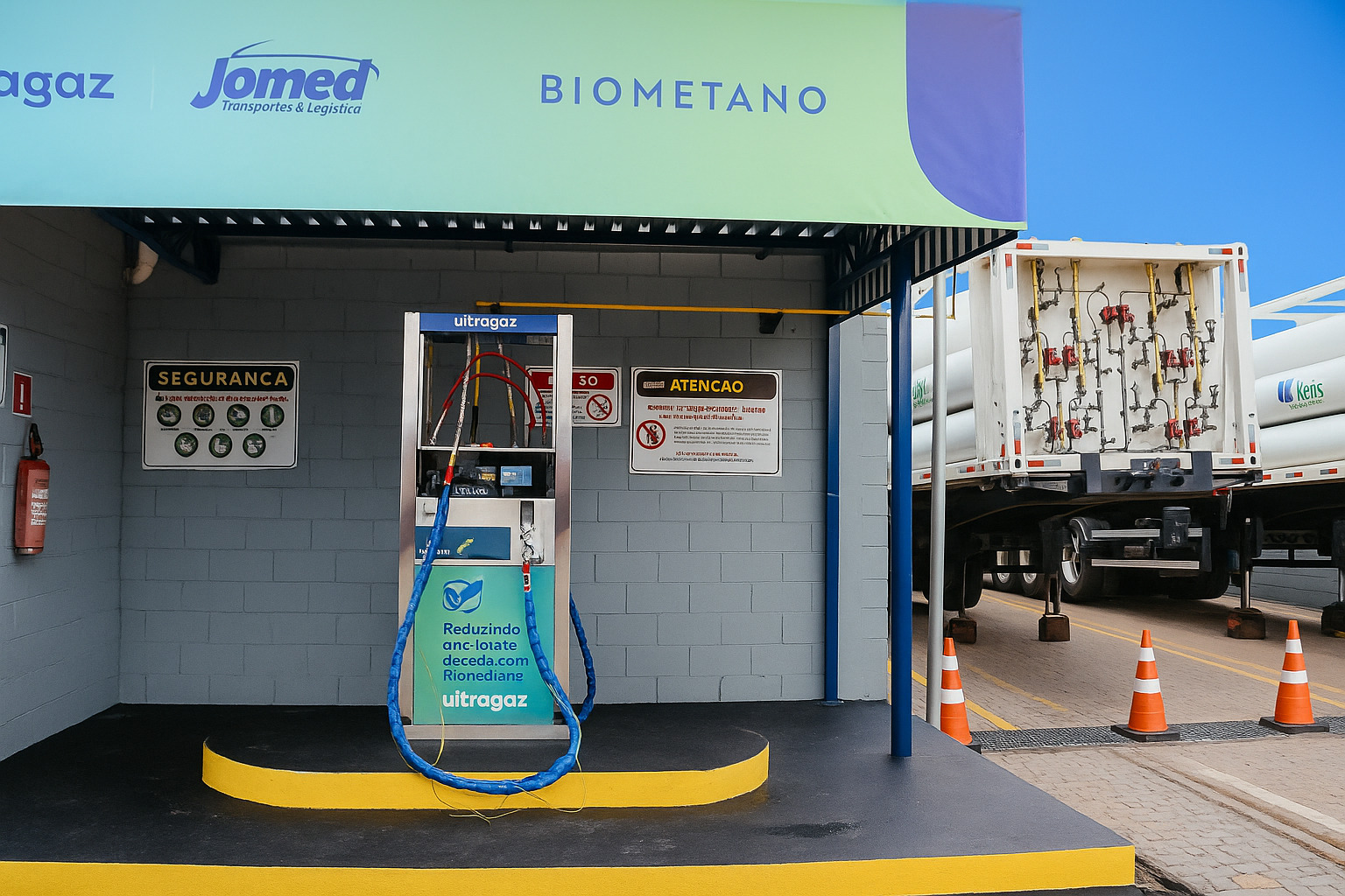Estação de abastecimento de biometano da Ultragaz com céu azul limpo, bomba de combustível e caminhões-tanque ao fundo.