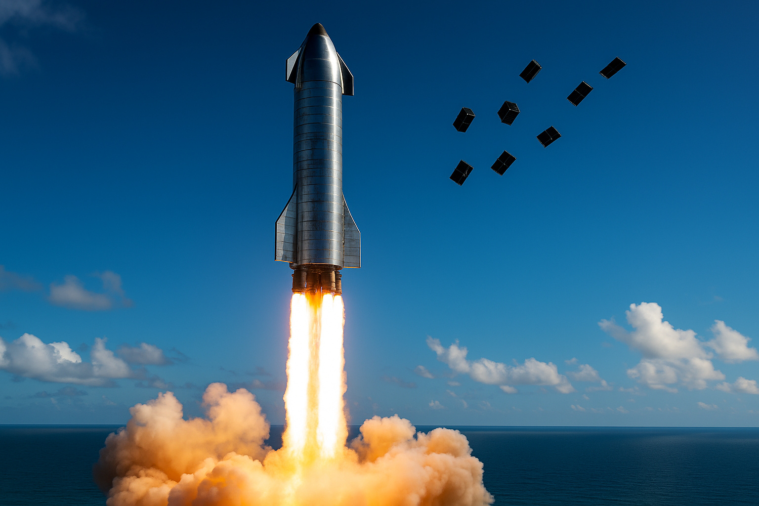 Lançamento da nave Starship da SpaceX com liberação de satélites Starlink no espaço