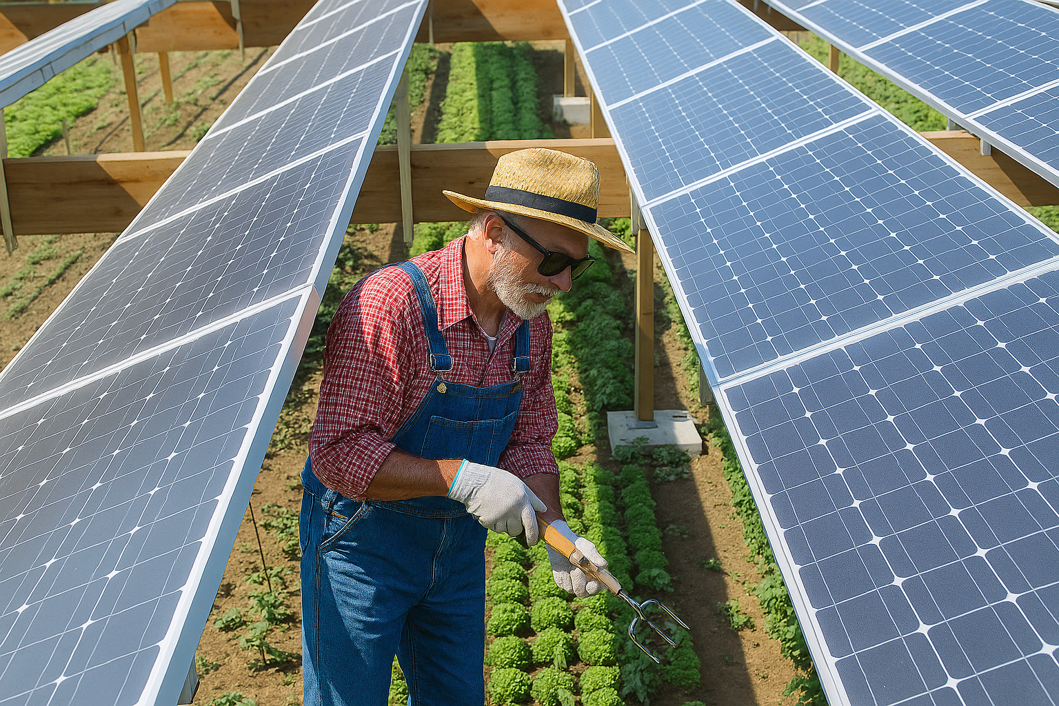 Agricultor trabalhando em plantação sob painéis solares instalados em estrutura elevada.