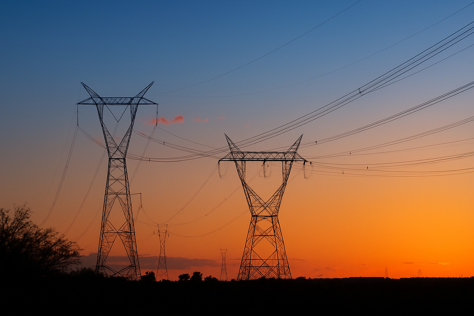 Torres de transmissão de energia elétrica ao amanhecer com céu alaranjado e azul.