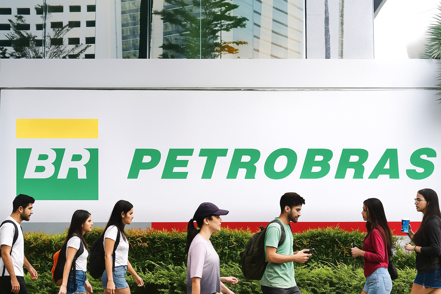 Fachada da sede da Petrobras com logo em destaque e várias pessoas caminhando em frente ao prédio.
