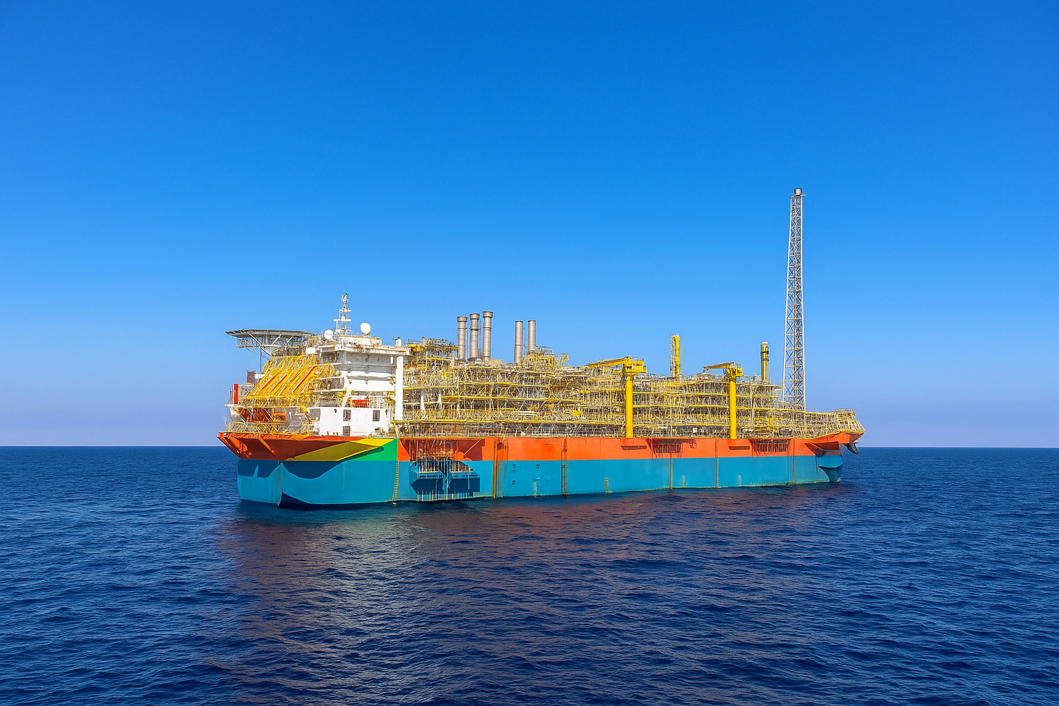 FPSO colorido no mar sob céu limpo de meio-dia.