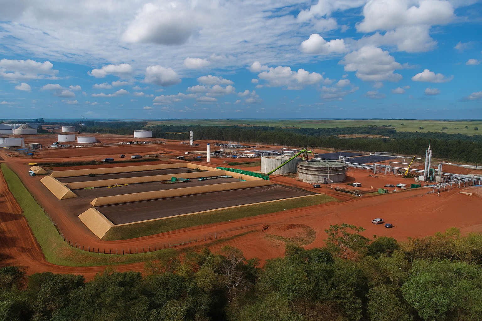 Vista aérea de uma usina industrial de biocombustível em área rural com céu parcialmente nublado.