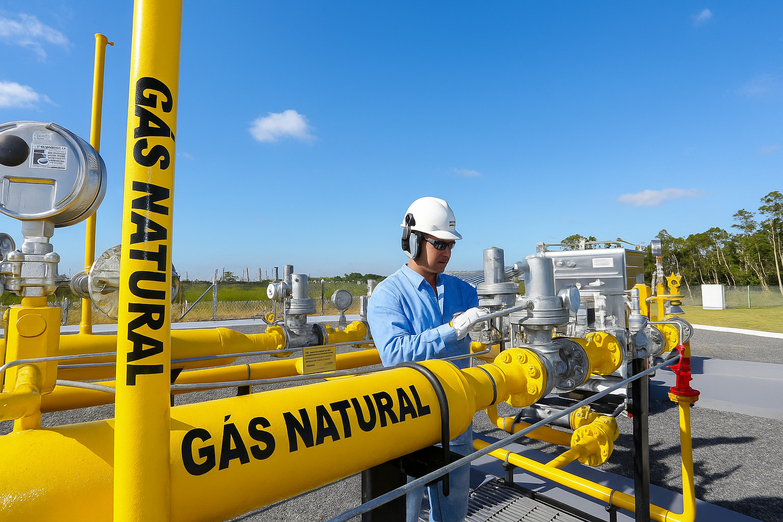 Trabalhador ajustando tubulação de gás natural em instalação industrial ao ar livre.