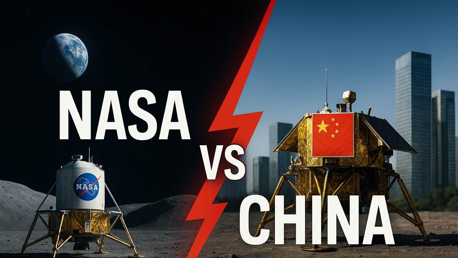 Ilustração comparando módulo lunar da NASA e da China, simbolizando disputa pela conquista da Lua.